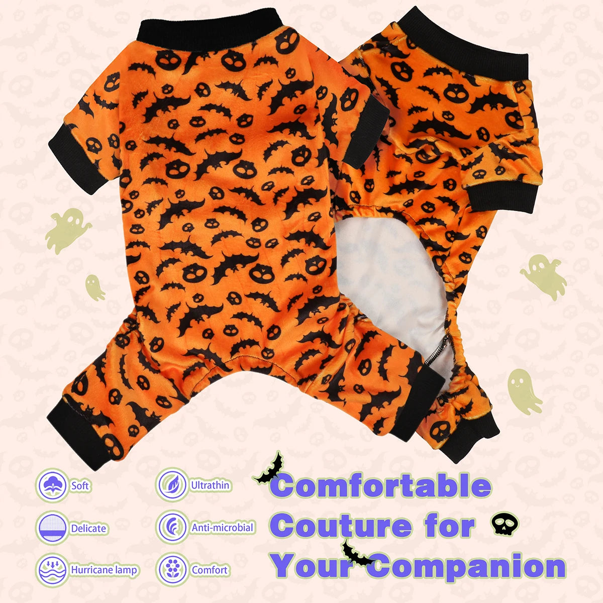 Halloween Dog Pajamas Costume: Four-legged outfit with bat and skull patterns, perfect for small, medium, and large dogs