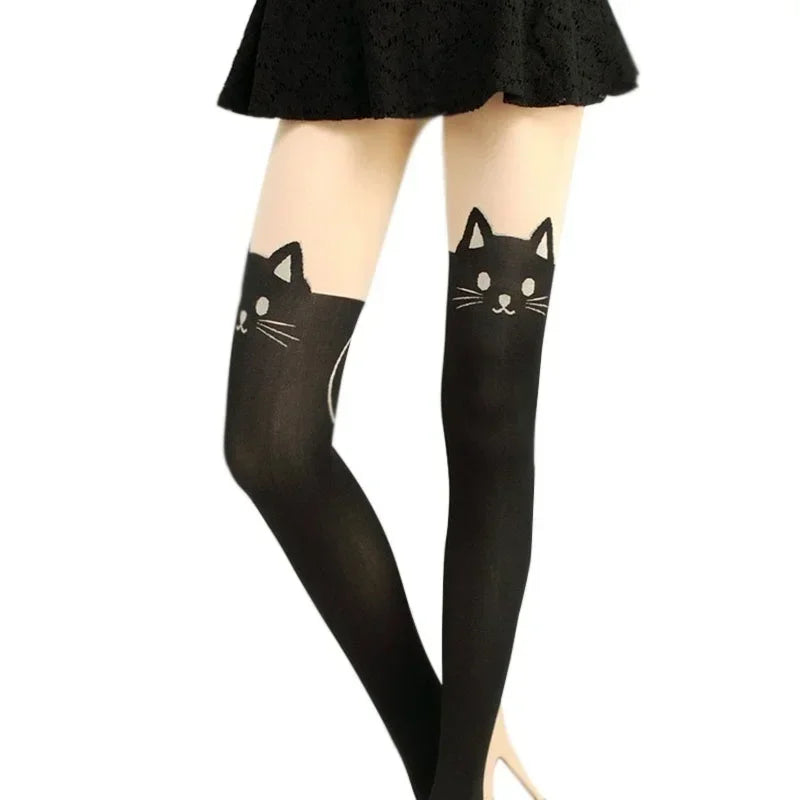 Black Cat Printed Silk Knee Socks