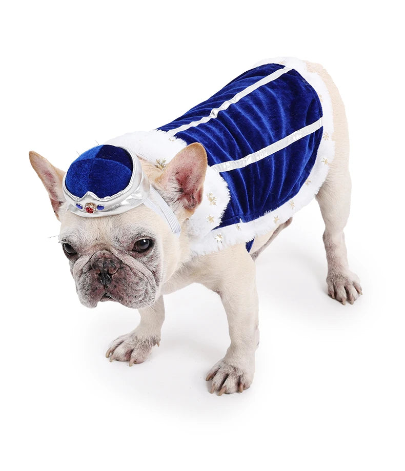 Dog King/Queen Dress Up Cloak with Crown Halloween Pet Costume for Small Large Dogs Adjustable Luxury Velour Dog Cosplay Outfit
