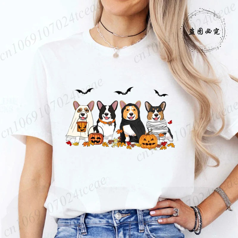 Halloween Dog Fashion T Shirt Tops Women Harajuku Graphic Tees Shirt Femme Corgi Dogs Halloween Women's T-shirt Clothes Tops
