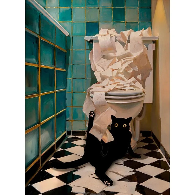 Colourful Funny Black Cat in Bathroom Poster