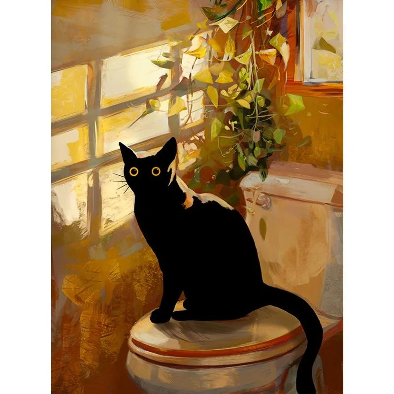 Colourful Funny Black Cat in Bathroom Poster