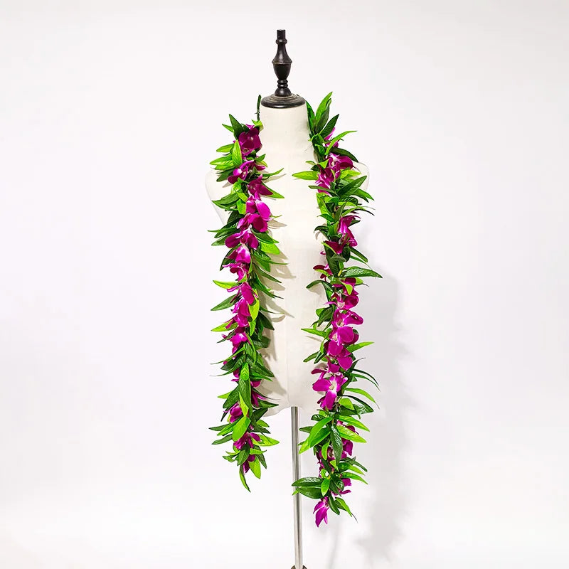 Popular Hawaii Maile Lei Double Ti Leaf With Strand of Purple White Orchids 2025 Graduation Wedding Luau Birthday Celebration