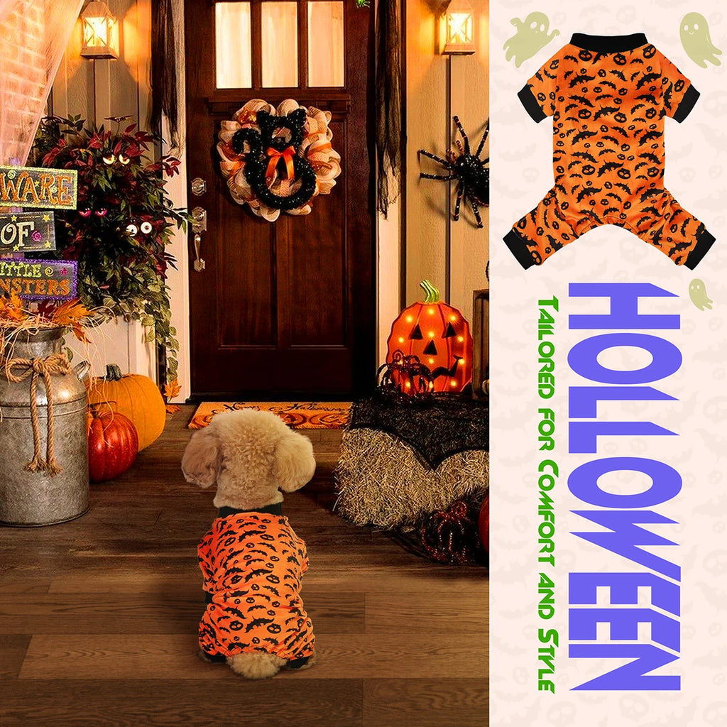 Halloween Dog Pajamas Costume: Four-legged outfit with bat and skull patterns, perfect for small, medium, and large dogs
