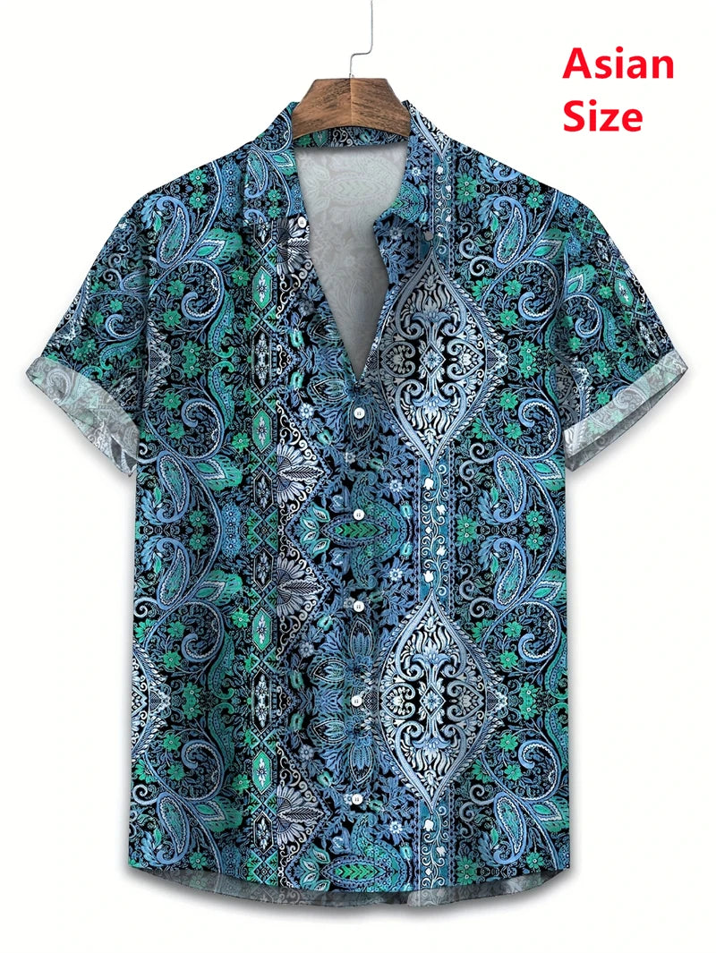 Hawaii Shirts For Men 3D Paisley Graphic Short-sleeved T-shirt Casual Lapel Buttons Male Tops Summer Oversized Bohemian Man Tees