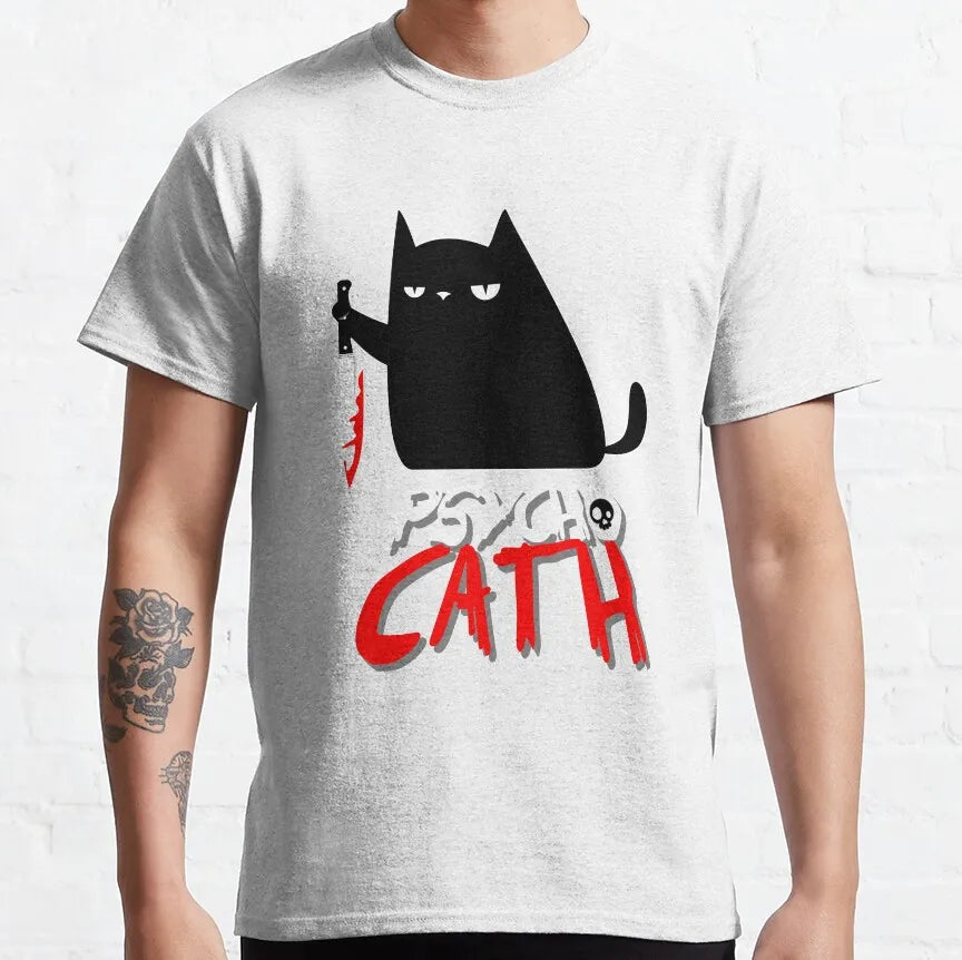 Cat What Murderous Black Cat With Knife T-Shirts for Men Kitten Lovers Cotton Big Tall Tees Short Sleeve T Shirt Big Size 6XL