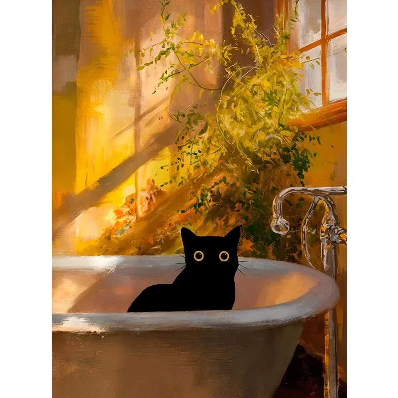 Colourful Funny Black Cat in Bathroom Poster