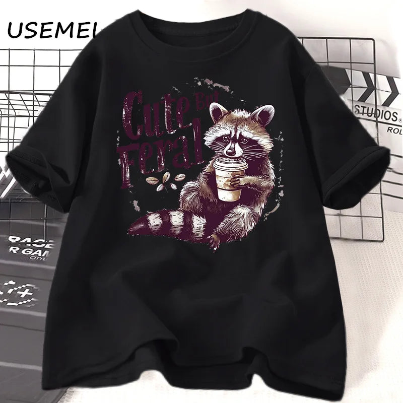 Funny Racoon Cute but Feral t Shirt women funny Opossum tee Retro Animal Meme t-shirt cotton short sleeve clothing female tees