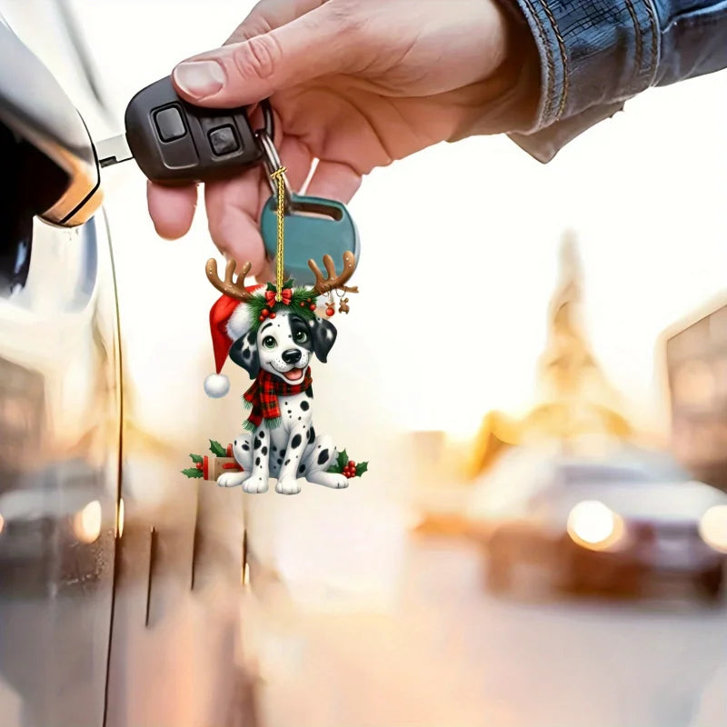 2D Christmas Dalmatian Dog Pendant Xmas Spotted Dog Flat Acrylic Keychain Charm,for Car Mirror,Bags,Festive,Gift & Decor