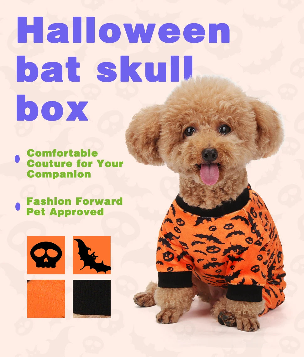 Halloween Dog Pajamas Costume: Four-legged outfit with bat and skull patterns, perfect for small, medium, and large dogs