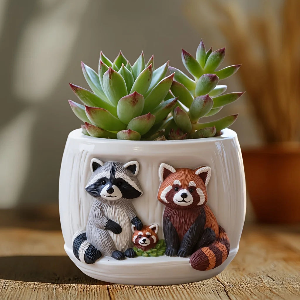 Raccoon Family Succulents Flower Pot Silicone Mold Red Panda Family Relief Resin Plaster Flower Pot Mold