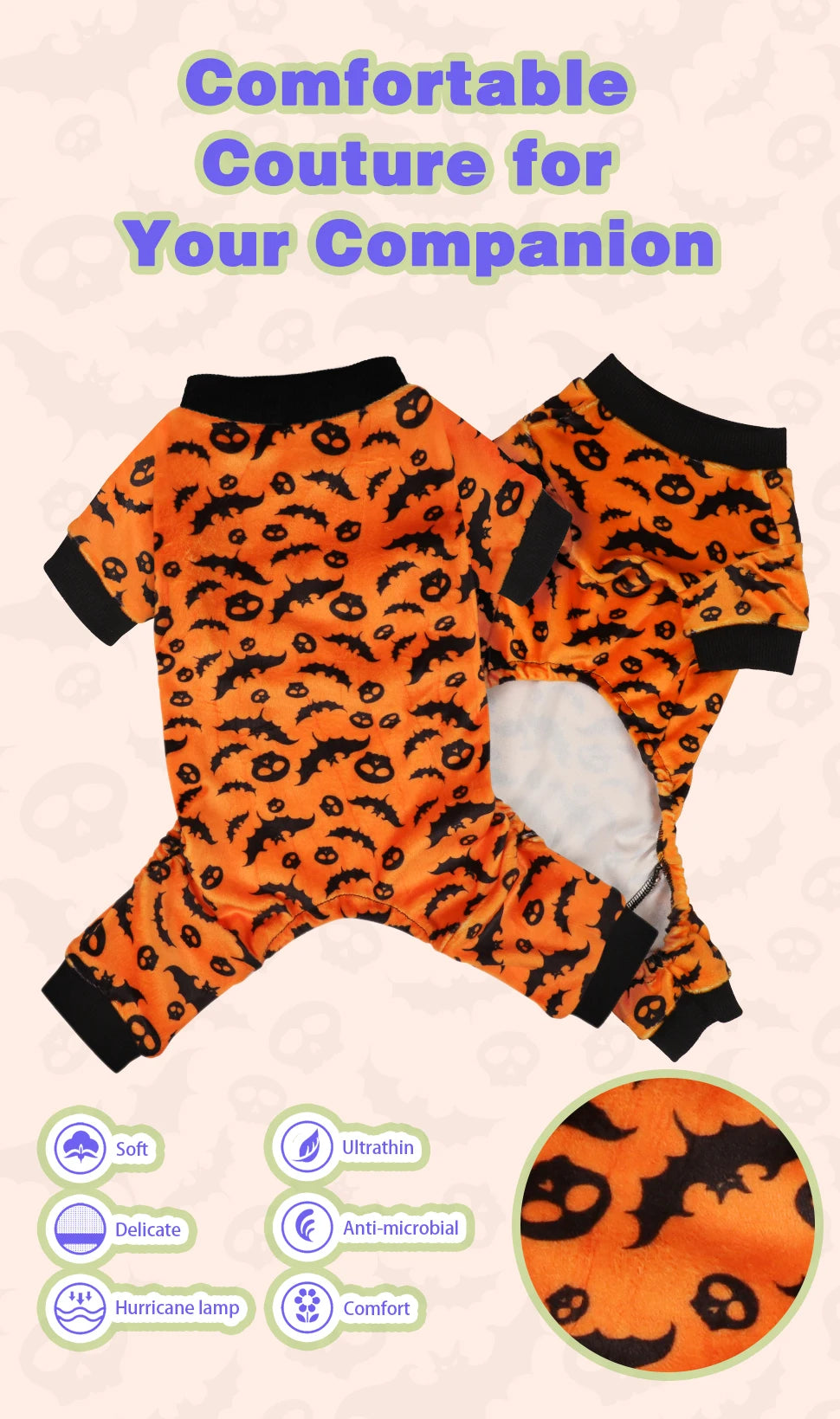Halloween Dog Pajamas Costume: Four-legged outfit with bat and skull patterns, perfect for small, medium, and large dogs