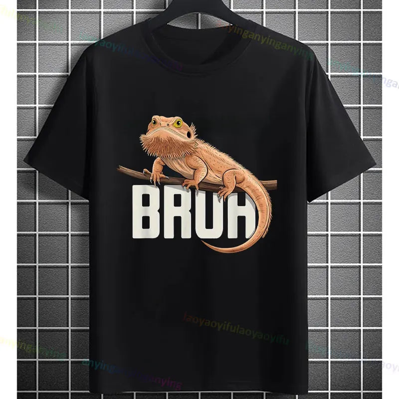 Men's "Bruh" Bearded Dragon Graphic T-Shirt Pure Cotton Short-sleeve Humor Style Tee Perfect Gift for Reptile Lovers