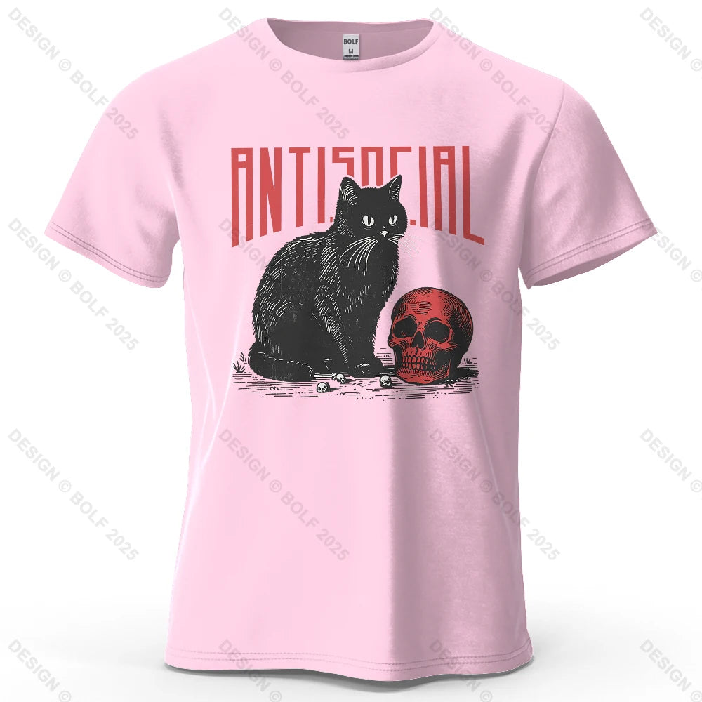 Black Cat Skull Printed T-Shirt
