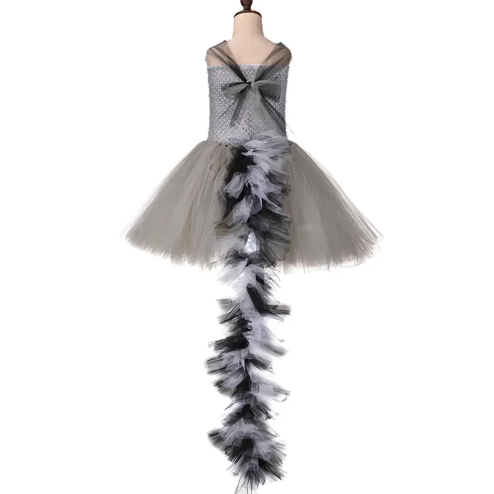 Grey Raccoon Costume Kids Racoon Tutu Dress with Tail Toddler Girls Halloween Birthday Carnival Party Animal Dress Up Clothes