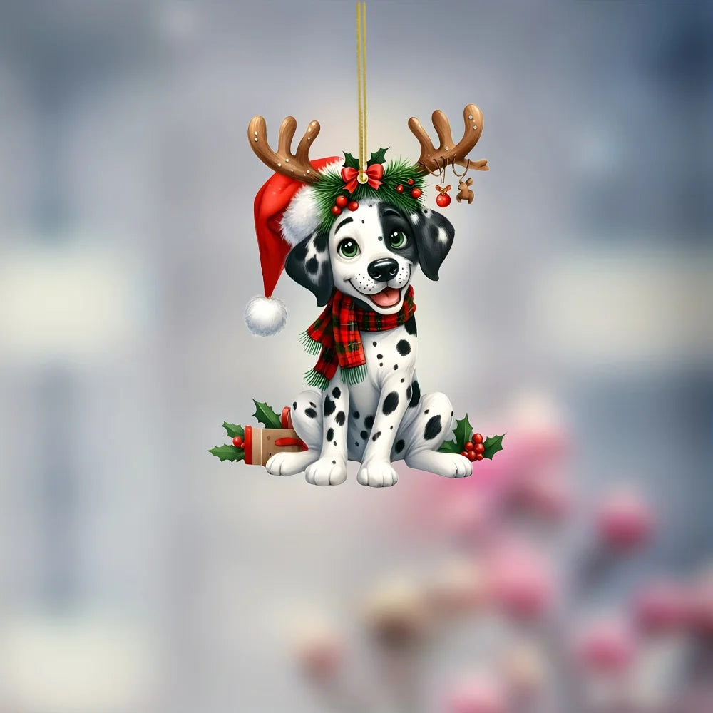 2D Christmas Dalmatian Dog Pendant Xmas Spotted Dog Flat Acrylic Keychain Charm,for Car Mirror,Bags,Festive,Gift & Decor