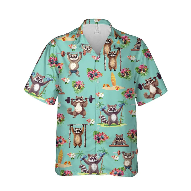 Funny Animal Raccoon 3D Print Beach Shirts For Men Procyon Lotor Lover Short Sleeve Bear Lapel Blouse Hawaiian Boy Button Tops