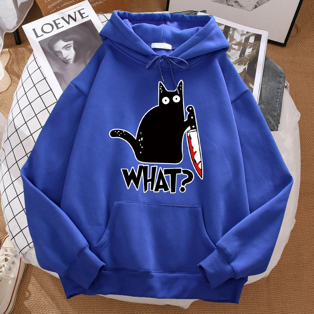What cute little black cat holding a knife, men's hoodies, street hoodies, autumn sports shirts, hip-hop costumes