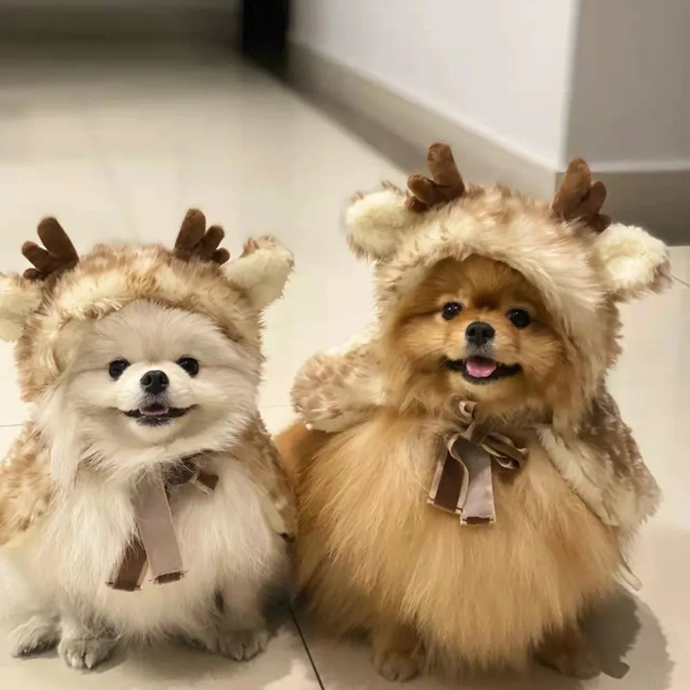Christmas Pet Cat Dog Reindeer Antlers Cute Xmas Elk Cloak Cosplay Clothes Xmas Home Party New Year Pet Decor Costume Supplies