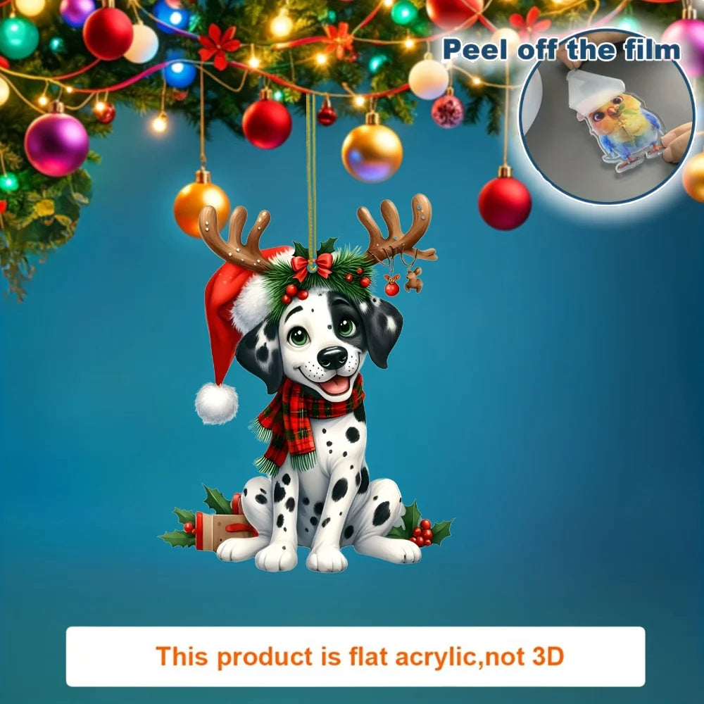 2D Christmas Dalmatian Dog Pendant Xmas Spotted Dog Flat Acrylic Keychain Charm,for Car Mirror,Bags,Festive,Gift & Decor