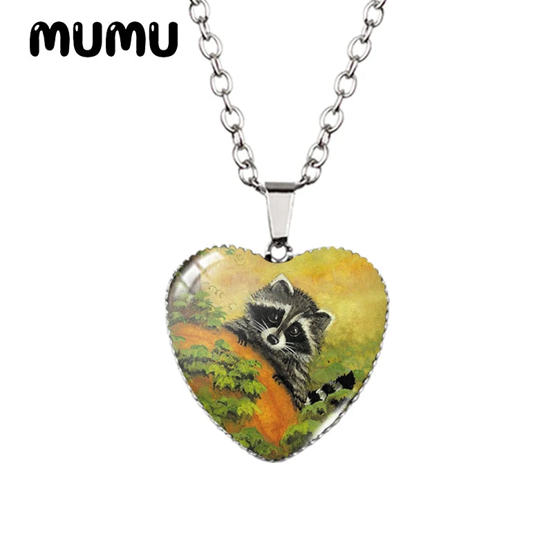 2023 New Raccoon Heart Necklace Cute Animal Painting Glass Printed Photo Pendant Handmade Jewelry Gifts Children