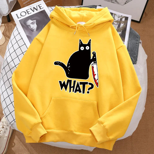 What cute little black cat holding a knife, men's hoodies, street hoodies, autumn sports shirts, hip-hop costumes