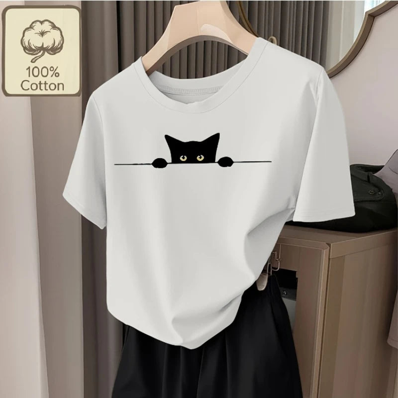 Black Cat Peeping Printed Short Sleeved T-shirt
