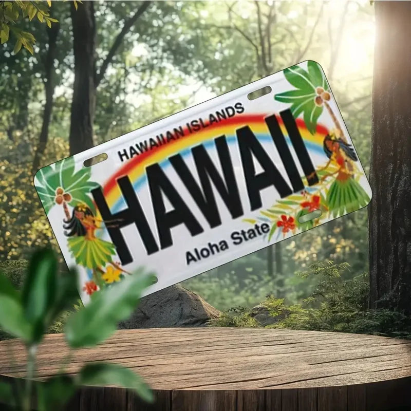 Hawaiian Islands Retro License Plate - Tropical Hawaii Wall Decor with Aloha State Text, Palm Leaves & Hibiscus Flowers