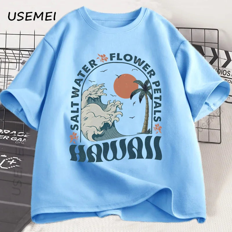 Hawaii Beach T-Shirt Ocean Beach T Shirt Men Women Summer Vibes Vacation Graphic T Shirts Cotton Short Sleeve Mens Clothing