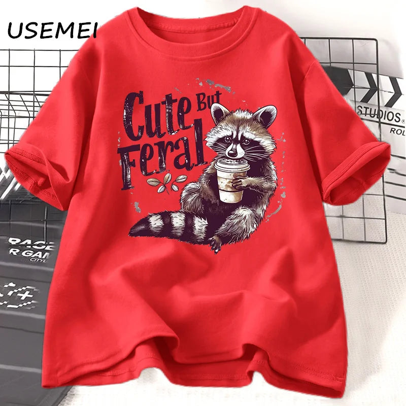 Funny Racoon Cute but Feral t Shirt women funny Opossum tee Retro Animal Meme t-shirt cotton short sleeve clothing female tees