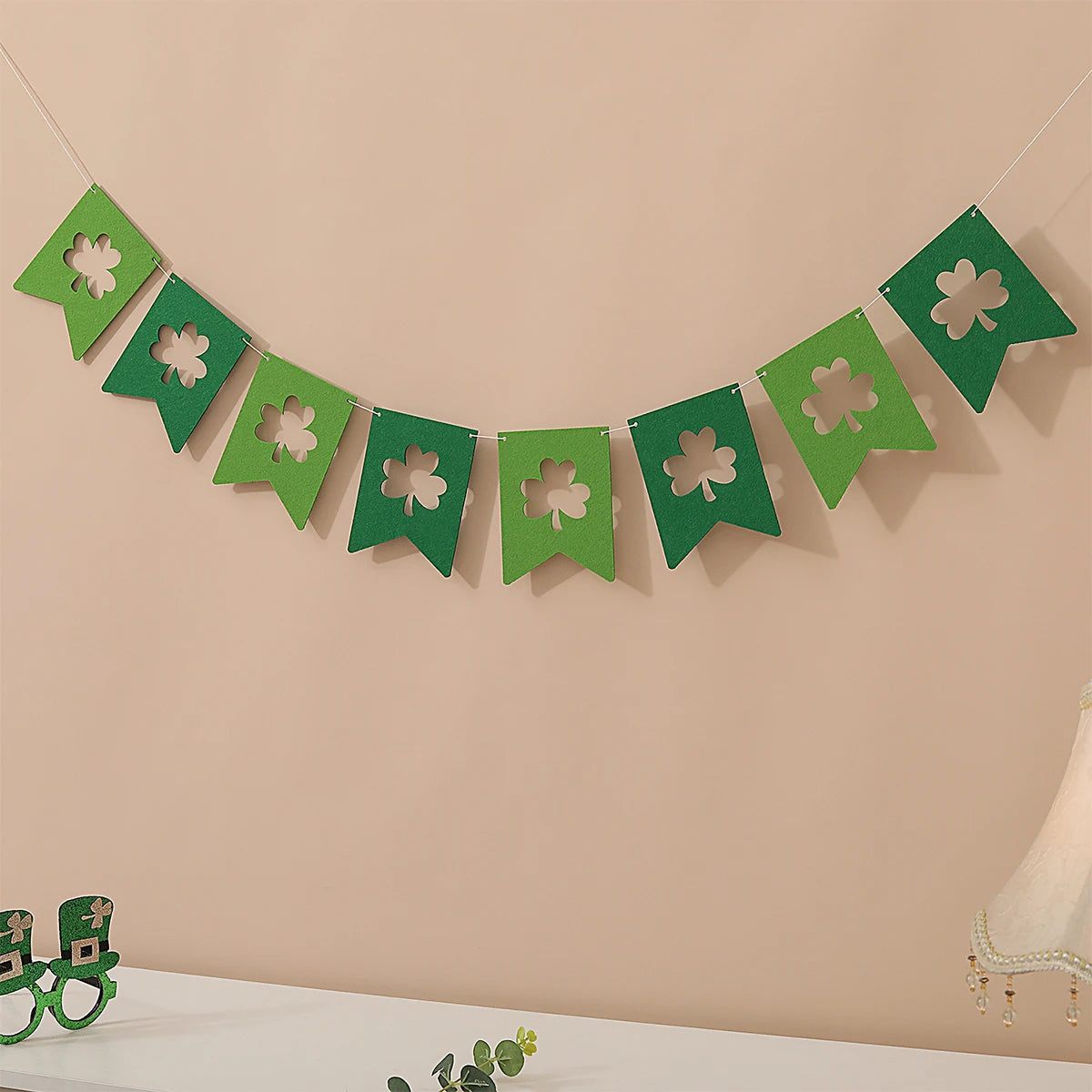 Irish St Patrick's Day felt dark green clover light green clover yellow fishtail clover pennant party decoration layout banner p