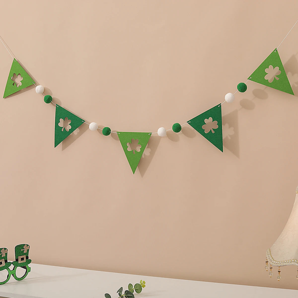 Irish St Patrick's Day felt dark green clover light green clover yellow fishtail clover pennant party decoration layout banner p