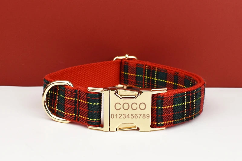Christmas Dog Collar Customized Designer Logo Red  lattice  on  Soft Cotton Dog Collar Leashes Pet Harness Luxury Dog Leash Set