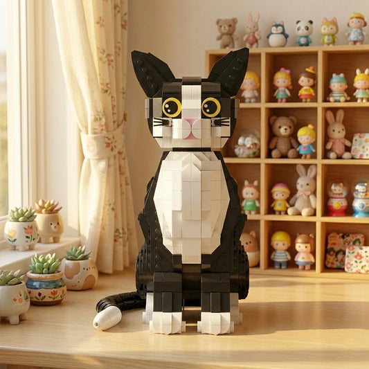 Black and White Cat Building Block Set Creative Sitting Kitten Brick Model Kit Adult Animal Assembly Toy Collectible Cat Figurin