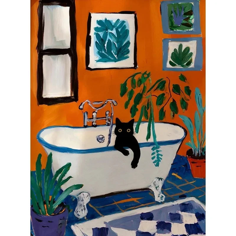 Colourful Funny Black Cat in Bathroom Poster