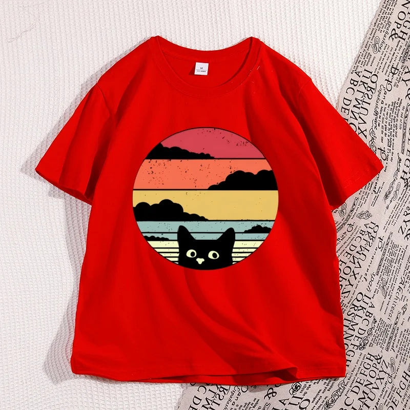 Black Cat Sunset Vintage T Shirt