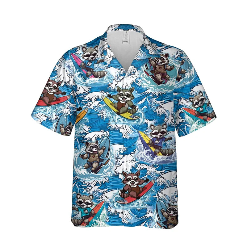 Funny Animal Raccoon 3D Print Beach Shirts For Men Procyon Lotor Lover Short Sleeve Bear Lapel Blouse Hawaiian Boy Button Tops