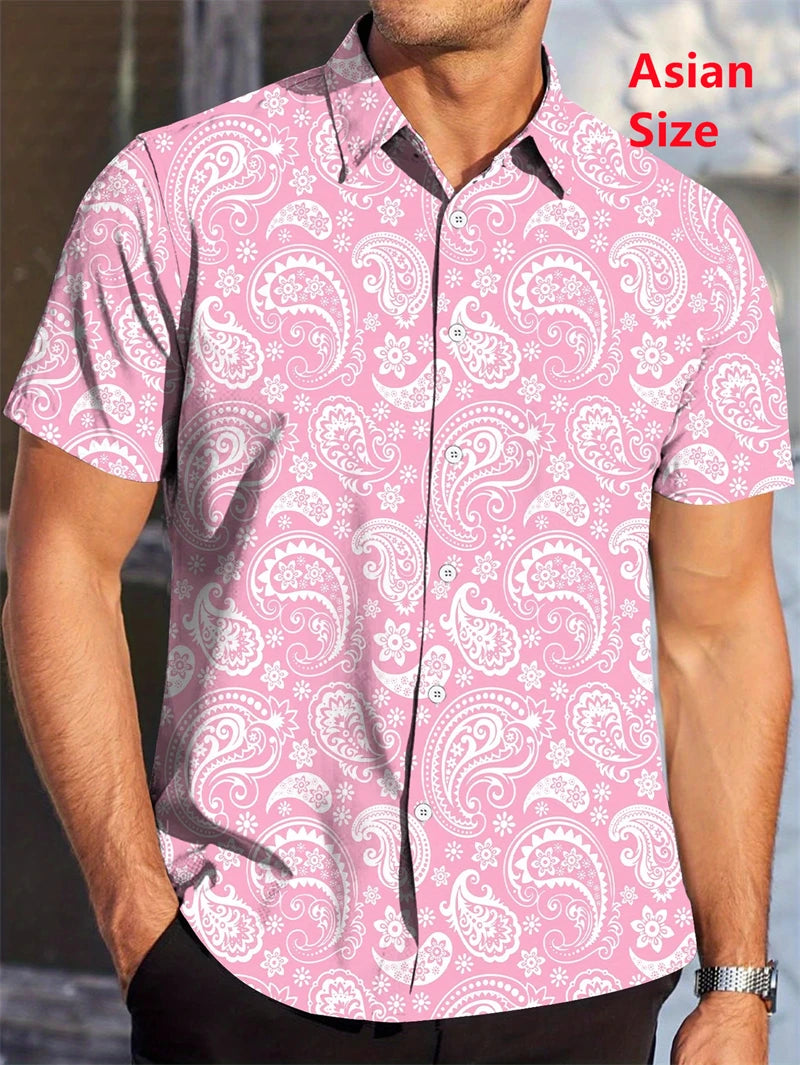 Hawaii Shirts For Men 3D Paisley Graphic Short-sleeved T-shirt Casual Lapel Buttons Male Tops Summer Oversized Bohemian Man Tees