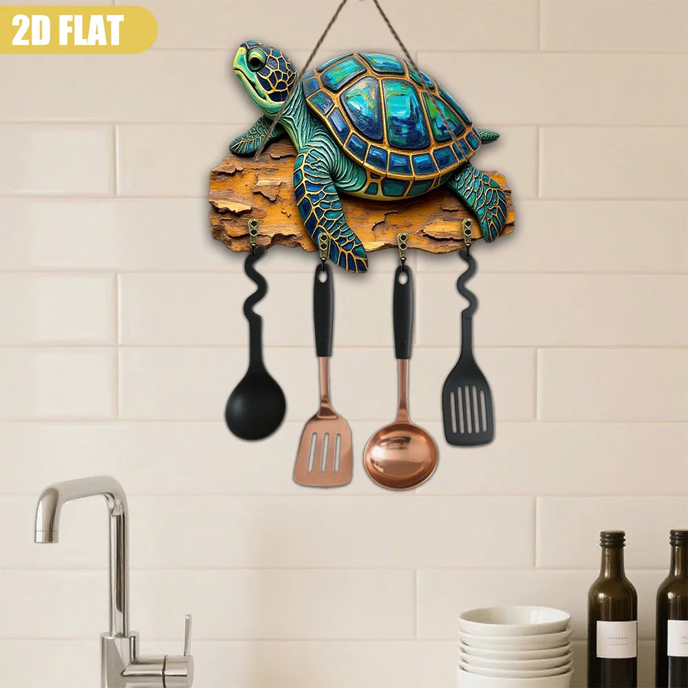 2D Flat, Oceanic Beauty Sea Turtle Wall Art Sculpture - Rustic Wooden Key Hanger with 4 Hooks, 9.06x11.81inch, Multifunctional