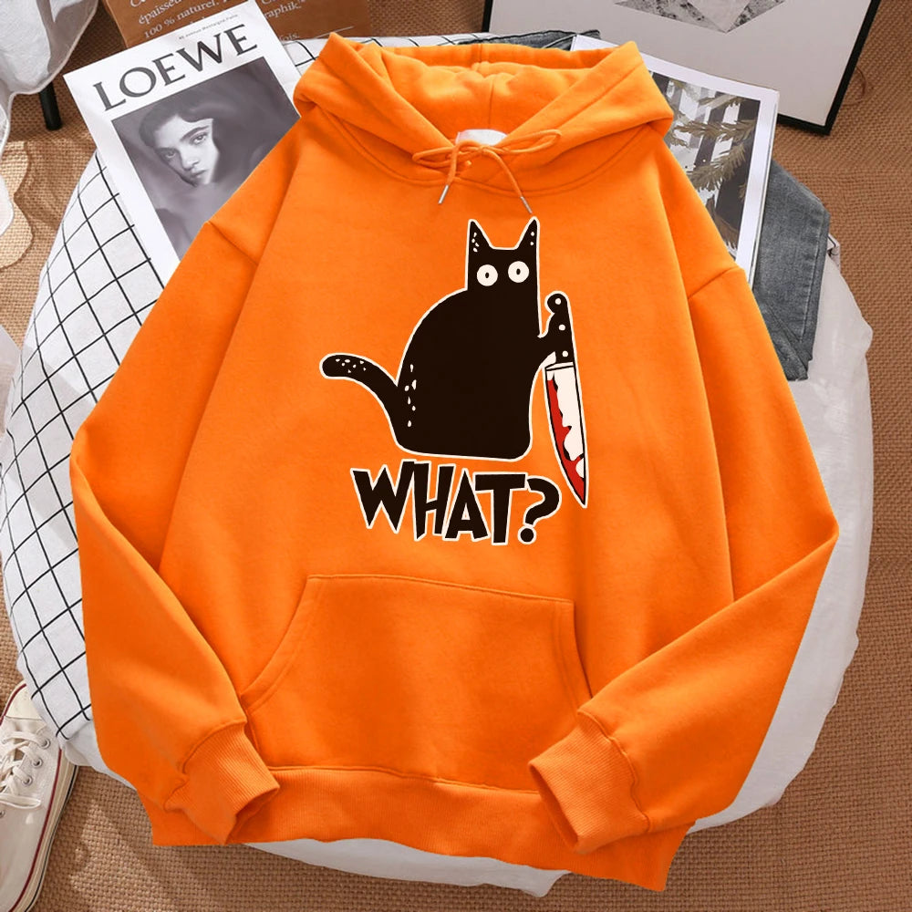 What cute little black cat holding a knife, men's hoodies, street hoodies, autumn sports shirts, hip-hop costumes