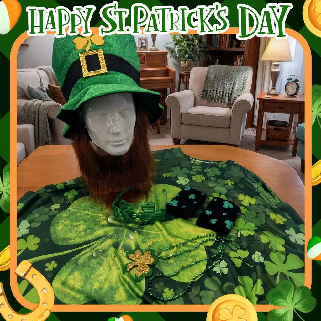 St Patrick's Day Costume Set 5 Pieces with glasses cloak Socks necklaces Shamrock Hat Irish Faux Mustache Sets Home Party Decor