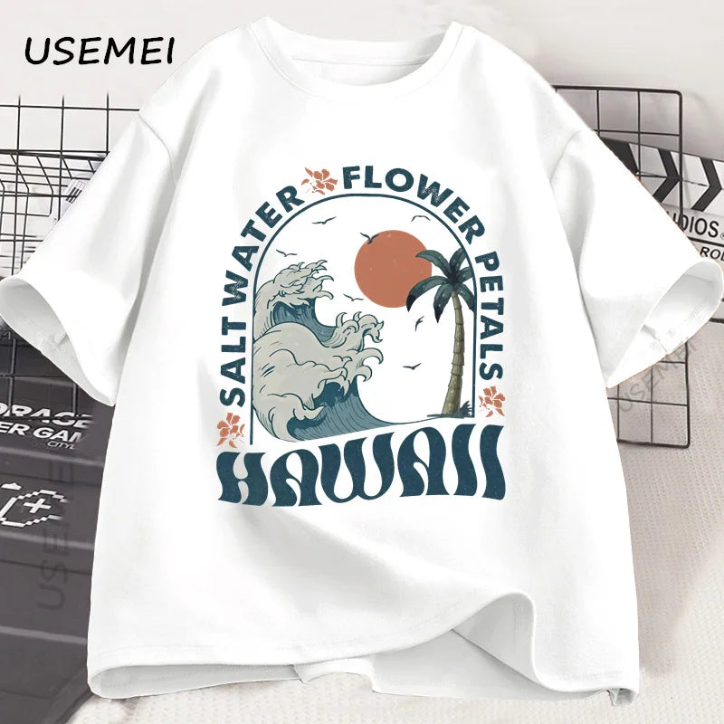 Hawaii Beach T-Shirt Ocean Beach T Shirt Men Women Summer Vibes Vacation Graphic T Shirts Cotton Short Sleeve Mens Clothing