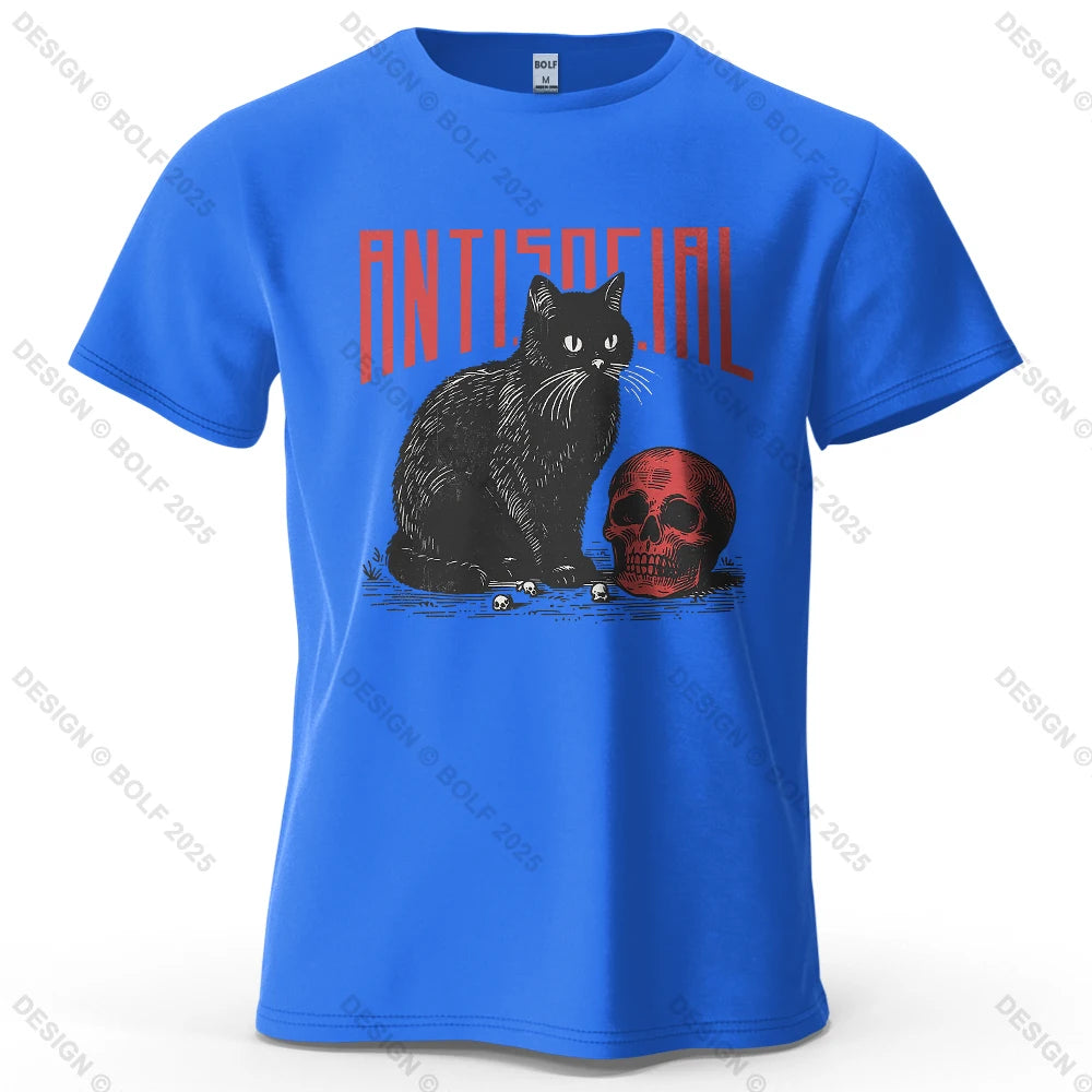 Black Cat Skull Printed T-Shirt