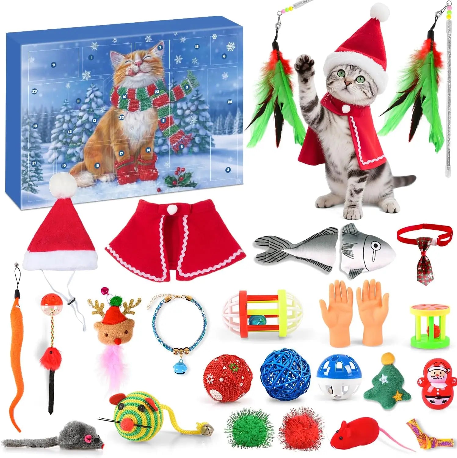 Cat Advent Calendar 2025 Christmas Interactive Toys for Indoor Christmas Gifts Fake Mouse Bell Balls for Cat Lover Gifts