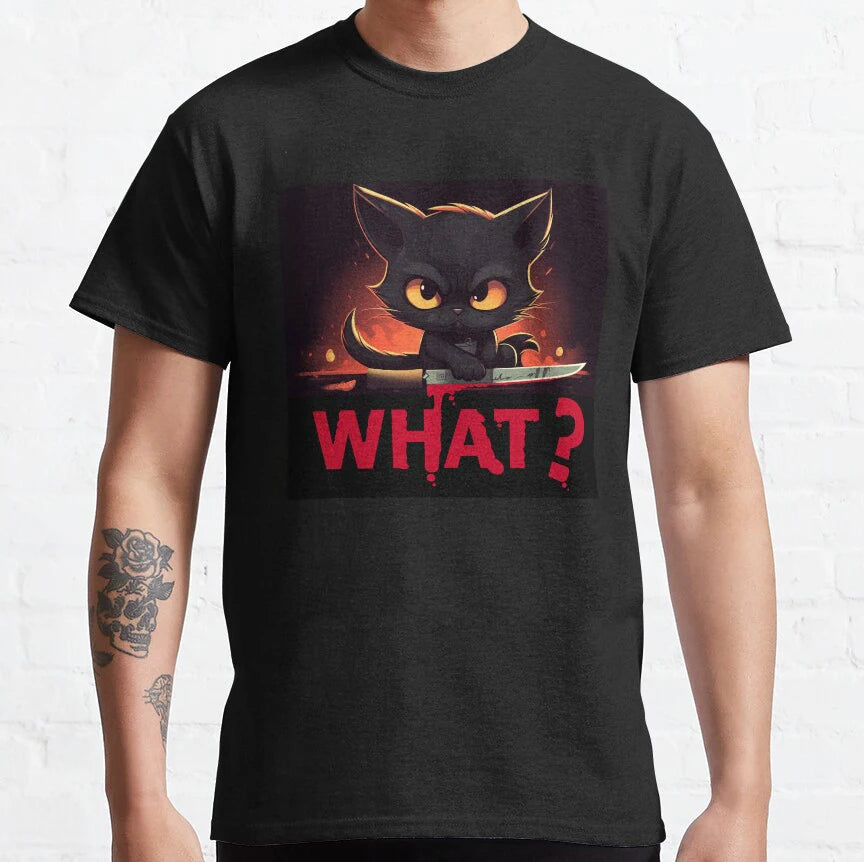 Cat What Murderous Black Cat With Knife T-Shirts for Men Kitten Lovers Cotton Big Tall Tees Short Sleeve T Shirt Big Size 6XL