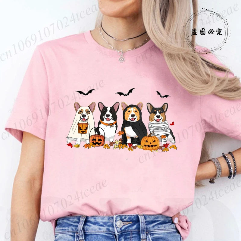 Halloween Dog Fashion T Shirt Tops Women Harajuku Graphic Tees Shirt Femme Corgi Dogs Halloween Women's T-shirt Clothes Tops