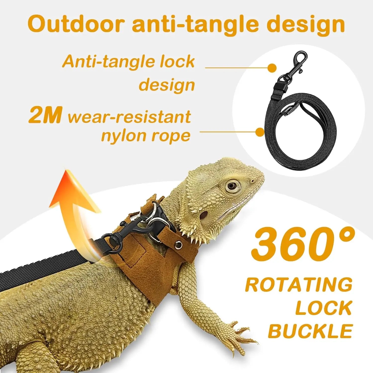 Bearded Dragon Harness and Leash Set, 3 Size Adjustable Soft Leather Reptile Leash, Lizard Harness with Retractable