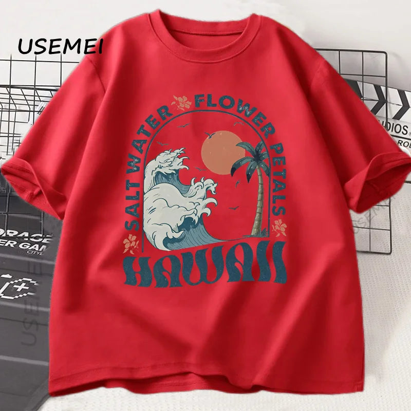 Hawaii Beach T-Shirt Ocean Beach T Shirt Men Women Summer Vibes Vacation Graphic T Shirts Cotton Short Sleeve Mens Clothing