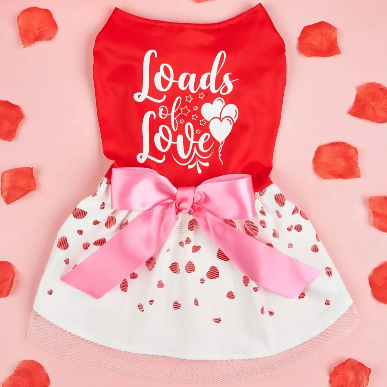Valentine's Day Pet Dress, Red Top “Loads of Love”, Cute Puppy Skirt with Heart Prints, Bow - tied Doggie Outfit Clothes Apparel