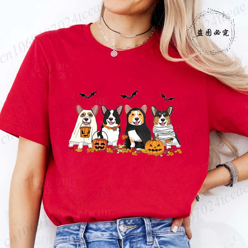 Halloween Dog Fashion T Shirt Tops Women Harajuku Graphic Tees Shirt Femme Corgi Dogs Halloween Women's T-shirt Clothes Tops